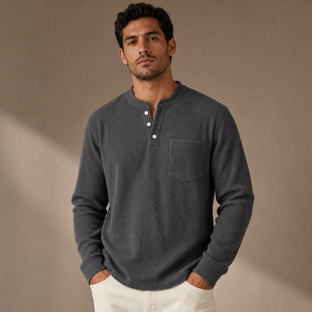 Evander | Henley Waffelstrick Langarm in Dunkelgrau – Premium Editorial