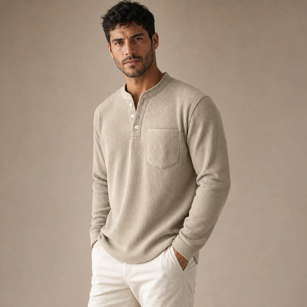 Evander | Henley Waffelstrick Langarm Khaki – Seitenansicht