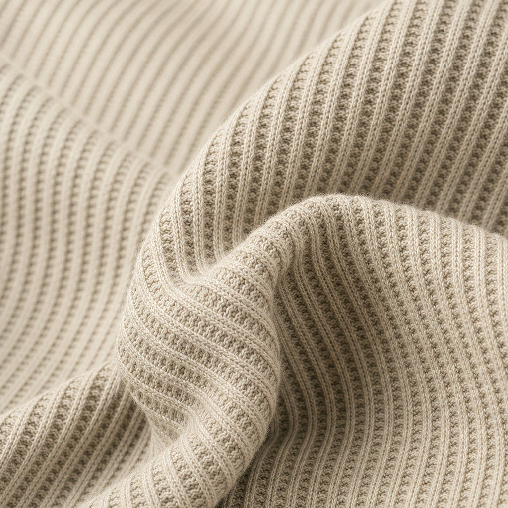 Evander | Henley Waffelstrick Langarm Khaki – Stoff- und Detailaufnahme
