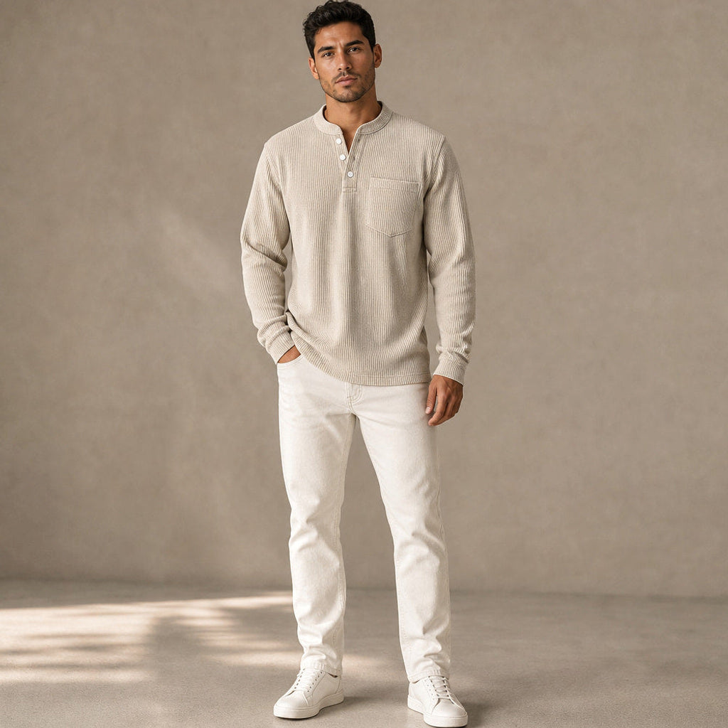 Evander | Henley Waffelstrick Langarm Khaki – Gesamtlook
