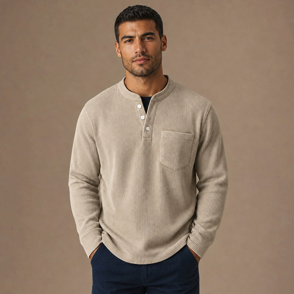 Evander | Henley Waffelstrick Langarm in Khaki – Premium Editorial
