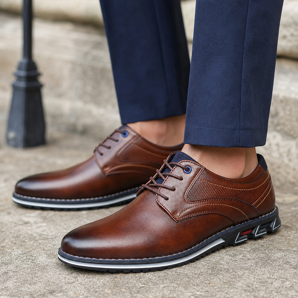 Oxford Shoes Lace-Up Leather Business Two Colors Brown – Side Angle View