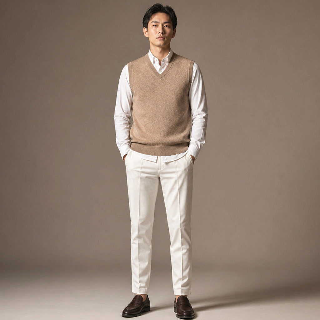 Chenton | Strickweste V-Ausschnitt Camel – Gesamtlook