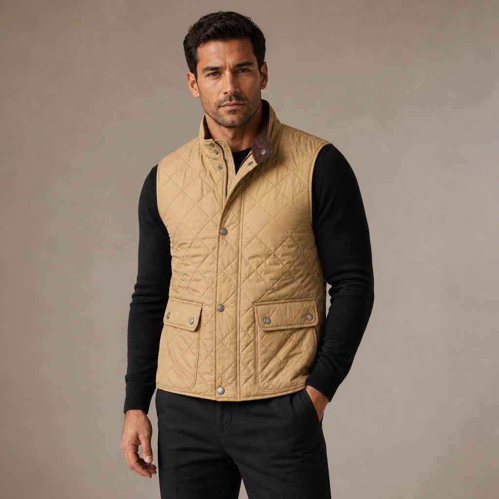 Quilted Vest Polo Collar Multi-Pocket Padded in Khaki – Enzaco Premium Menswear
