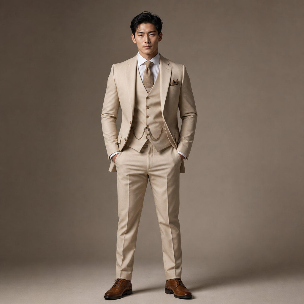 Three Piece Suit Slim Fit Formal in Beige – Enzaco Premium Menswear