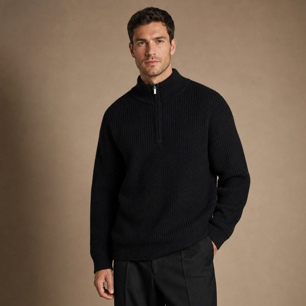 Clemens | Troyer-Pullover Rippstrick Schwarz – Seitenansicht