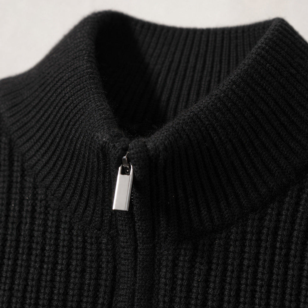 Clemens | Troyer-Pullover Rippstrick Schwarz – Stoff- und Detailaufnahme