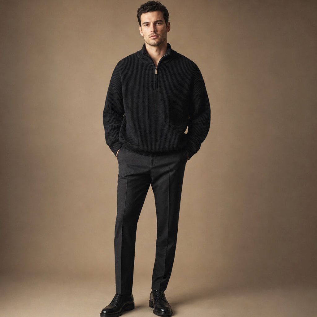 Clemens | Troyer-Pullover Rippstrick Schwarz – Gesamtlook