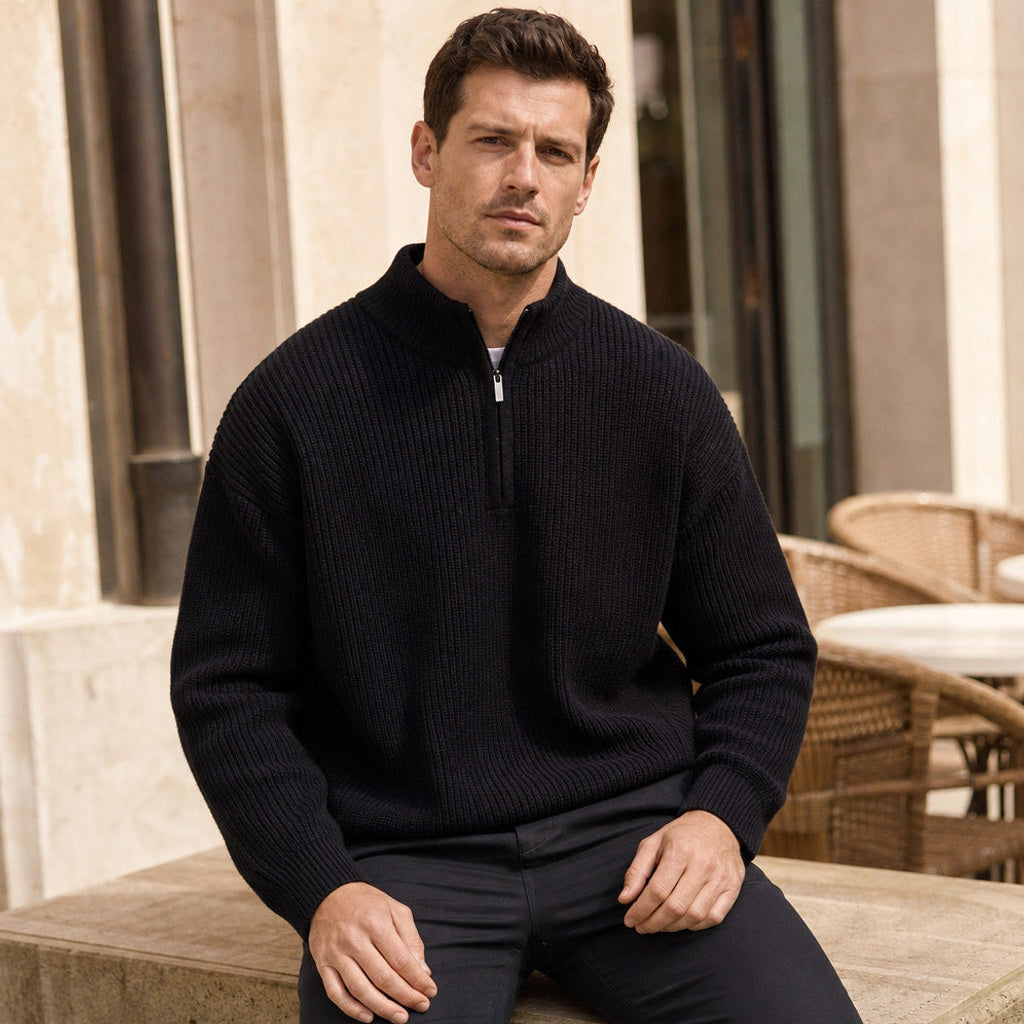 Clemens | Troyer-Pullover Rippstrick Schwarz – Gestyltes Editorial-Foto