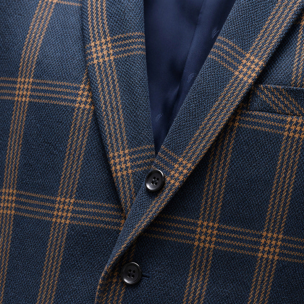 Soren | Anzug Dreiteilig Glencheck Navy – Stoff- und Detailaufnahme