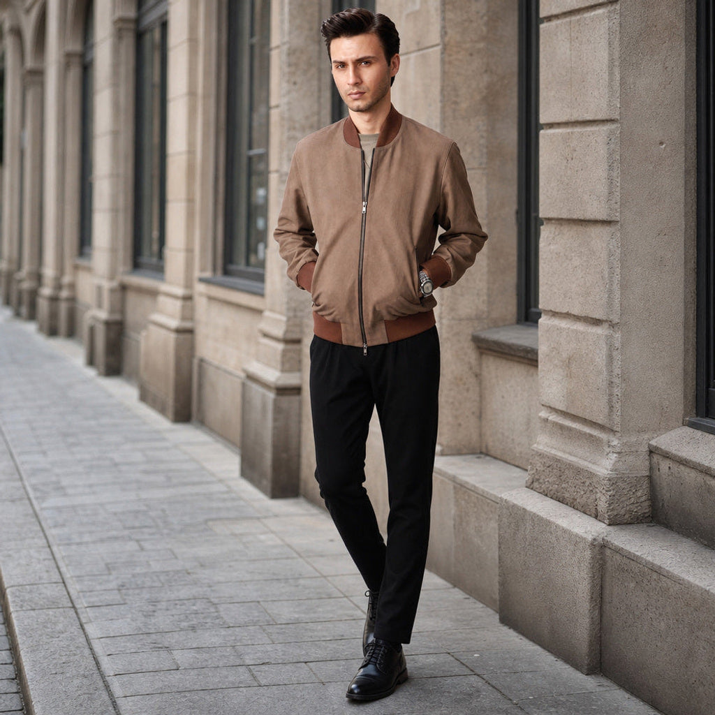 Dankwart | Bomberjacke Nubukleder Beige – Gestyltes Editorial-Foto