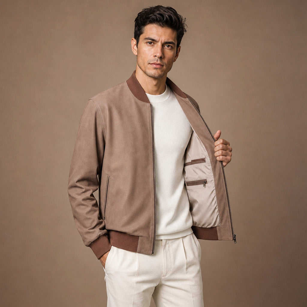 Dankwart | Bomberjacke Nubukleder Beige – Innenfutter im Detail