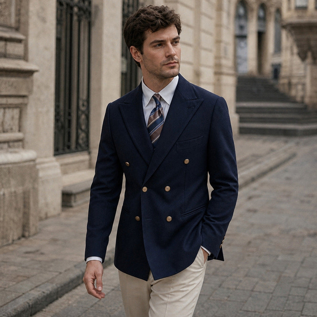 Dennis | Blazer Halbgefüttert Tailored Fit Navy – Gestyltes Editorial-Foto