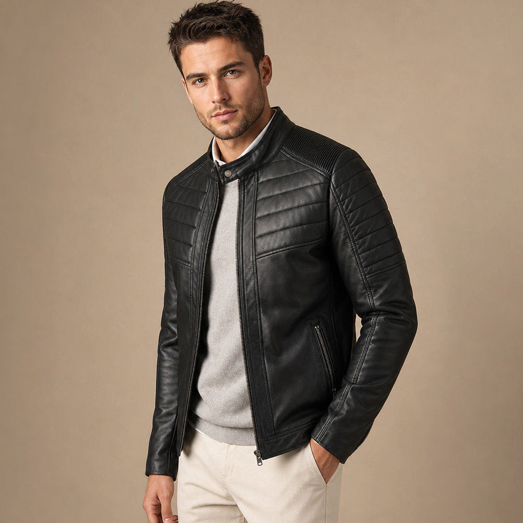 Dietmar | Lederjacke Steppdesign Schwarz Schwarz – Seitenansicht