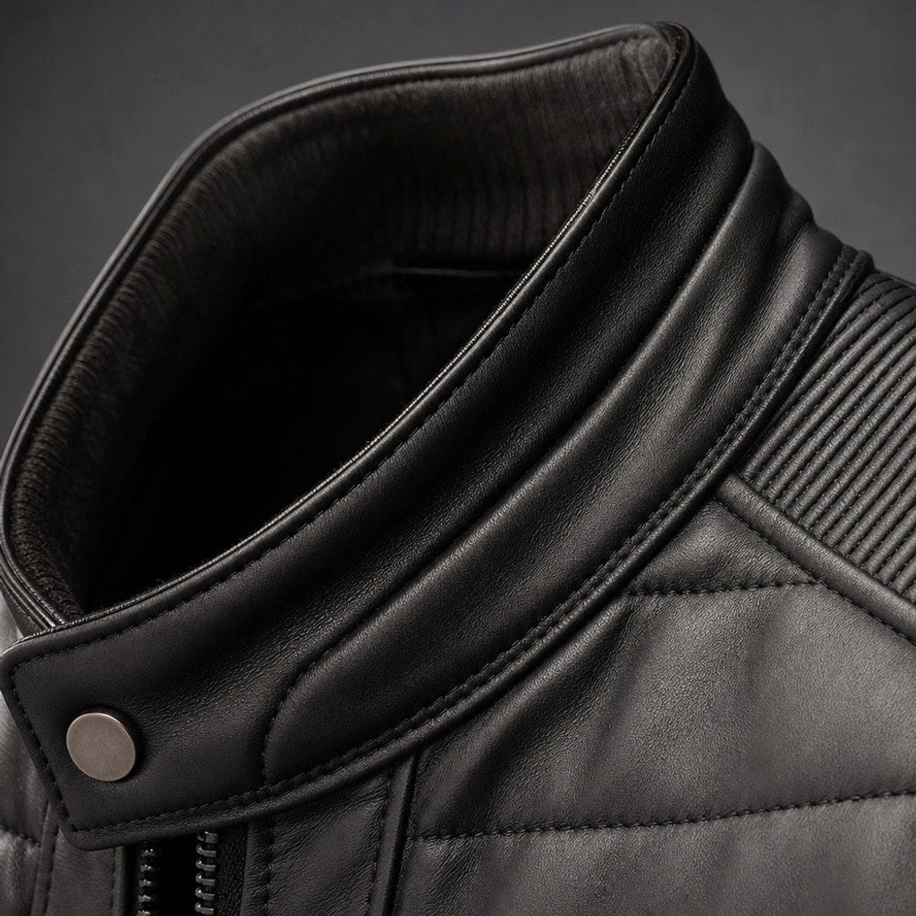 Dietmar | Lederjacke Steppdesign Schwarz Schwarz – Stoff- und Detailaufnahme
