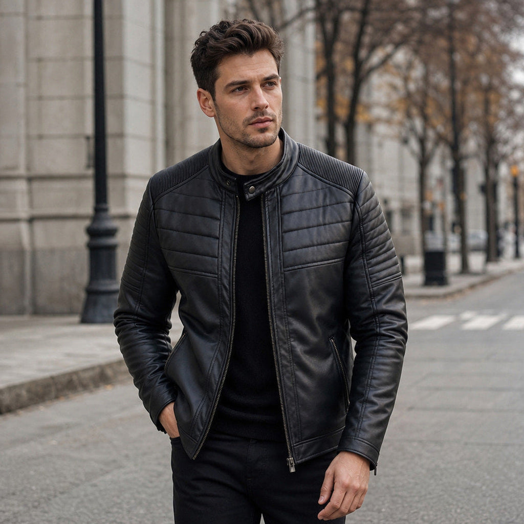 Dietmar | Lederjacke Steppdesign Schwarz Schwarz – Gestyltes Editorial-Foto