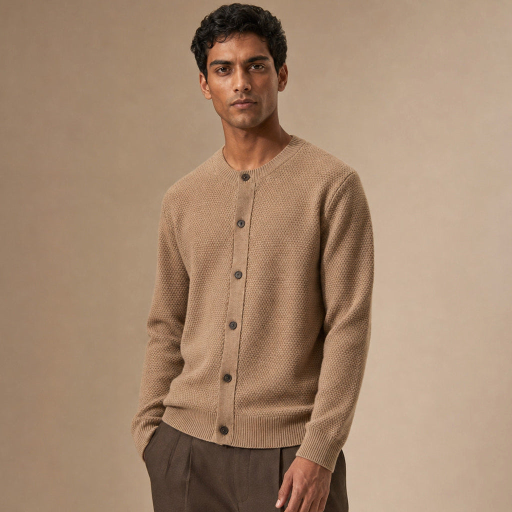 Dietrich | Strickjacke Wolle Perlmuster Camel – Seitenansicht