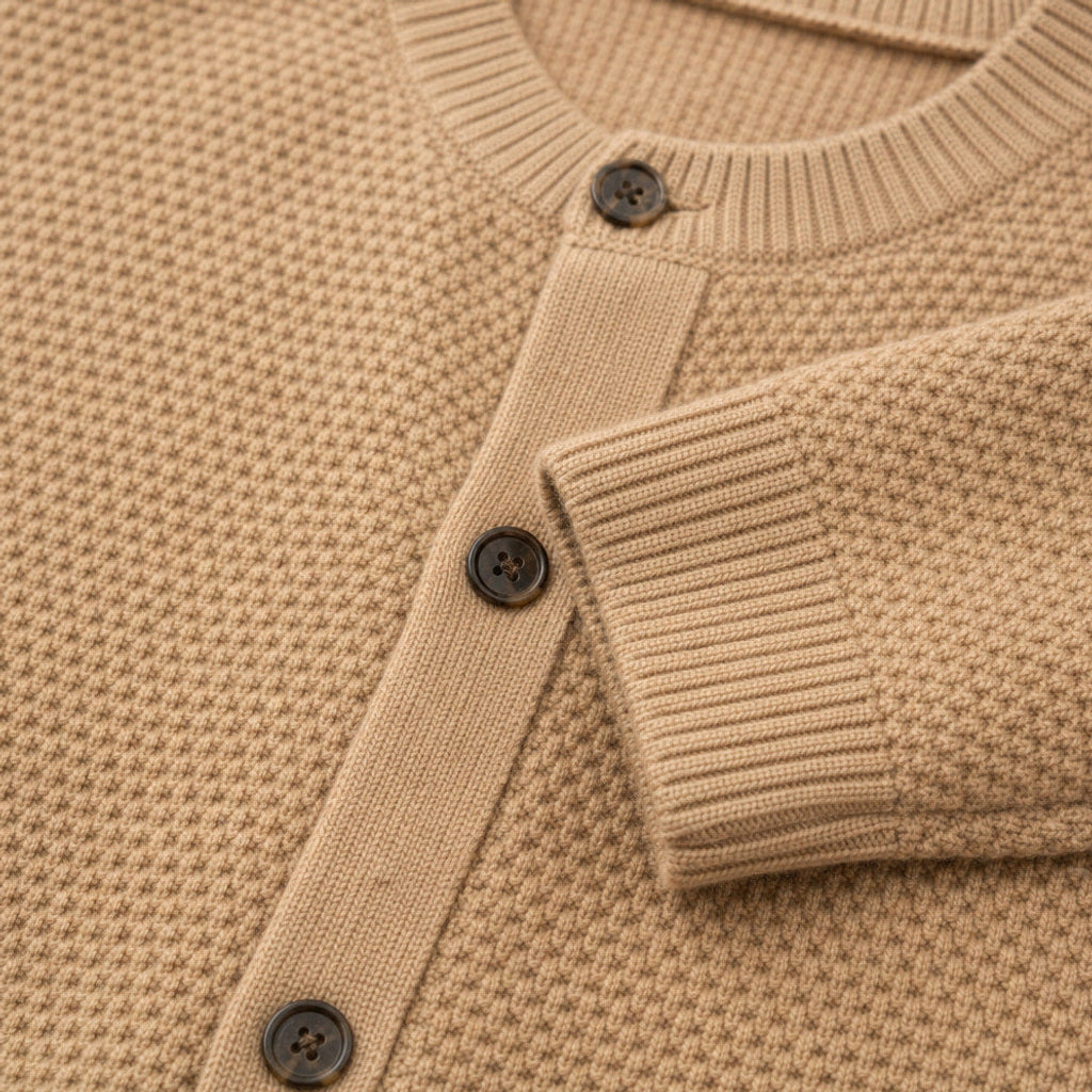 Dietrich | Strickjacke Wolle Perlmuster Camel – Stoff- und Detailaufnahme
