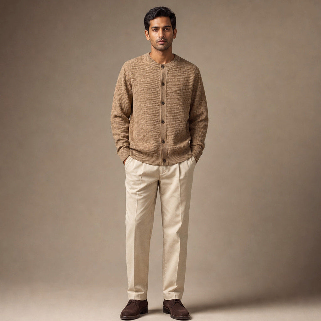 Dietrich | Strickjacke Wolle Perlmuster Camel – Gesamtlook