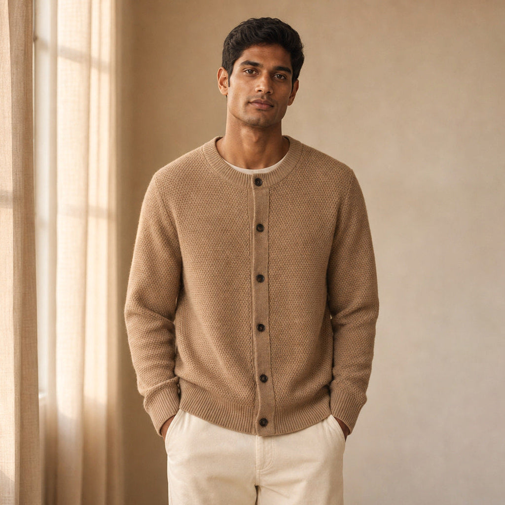 Dietrich | Strickjacke Wolle Perlmuster Camel – Gestyltes Editorial-Foto