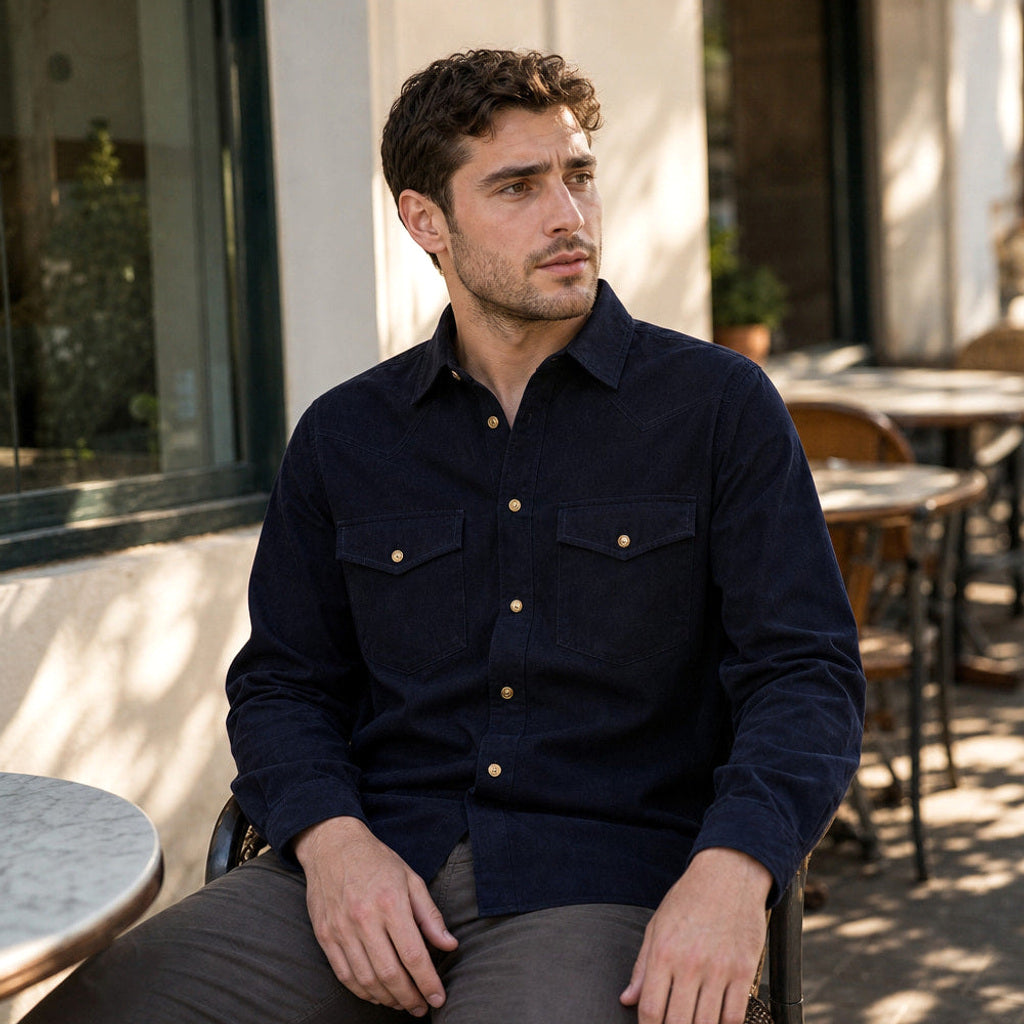 Dietwin | Cordhemd Druckknopfleiste Relaxed Fit – Gestyltes Editorial-Foto