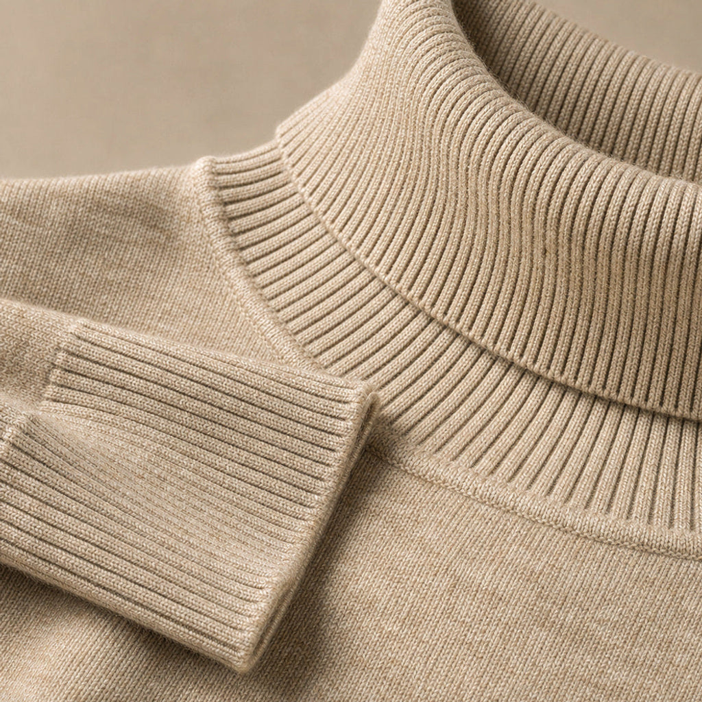 Ecbert | Rollkragenpullover Feinstrick Khaki – Stoff- und Detailaufnahme