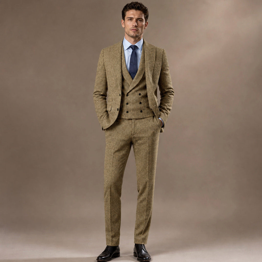 Elmore | Anzug Dreiteilig Fischgrat in Khaki – Premium Editorial