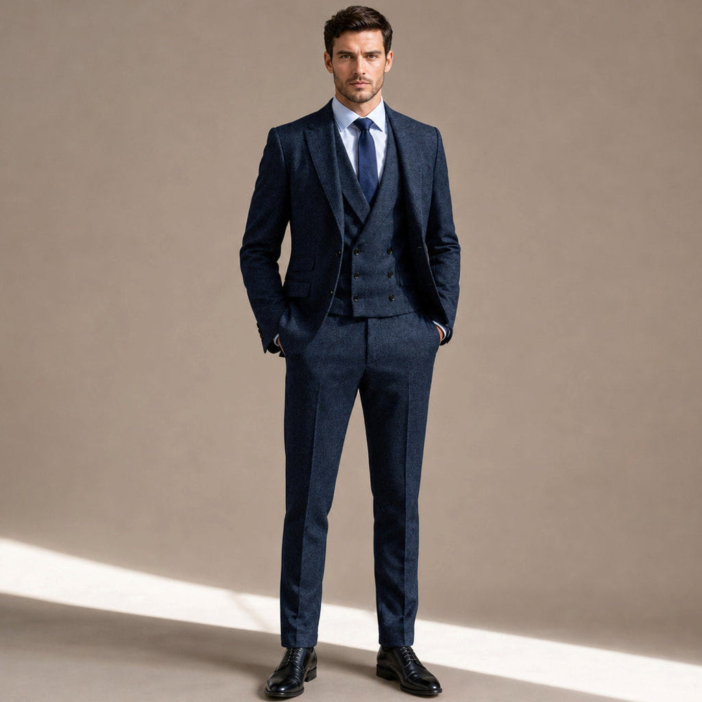 Elmore | Anzug Dreiteilig Fischgrat in Navy – Premium Editorial