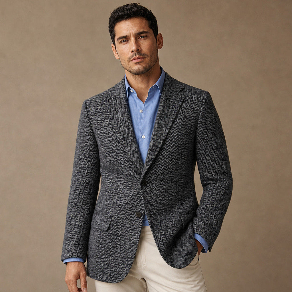 Falko | Blazer Fischgrat Regular Fit in Dunkelgrau – Premium Editorial