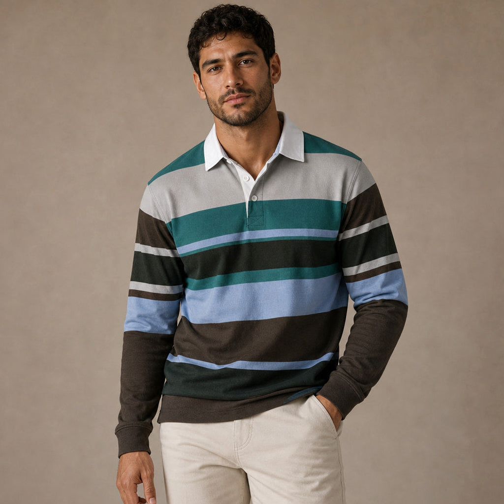 Torvin | Rugbyshirt Blockstreifen Kontrastkragen Blau – Produktfoto