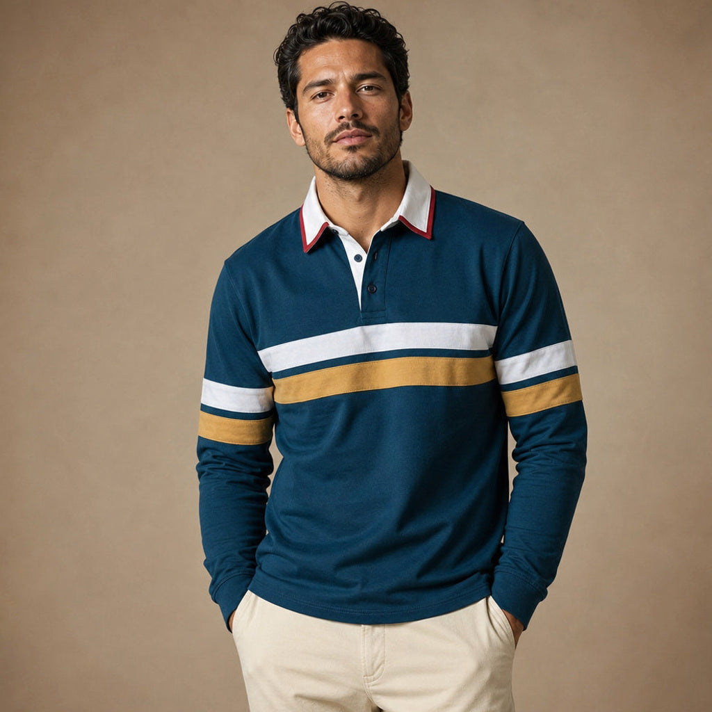 Torvin | Rugbyshirt Blockstreifen Kontrastkragen Blau / Grün – Produktfoto