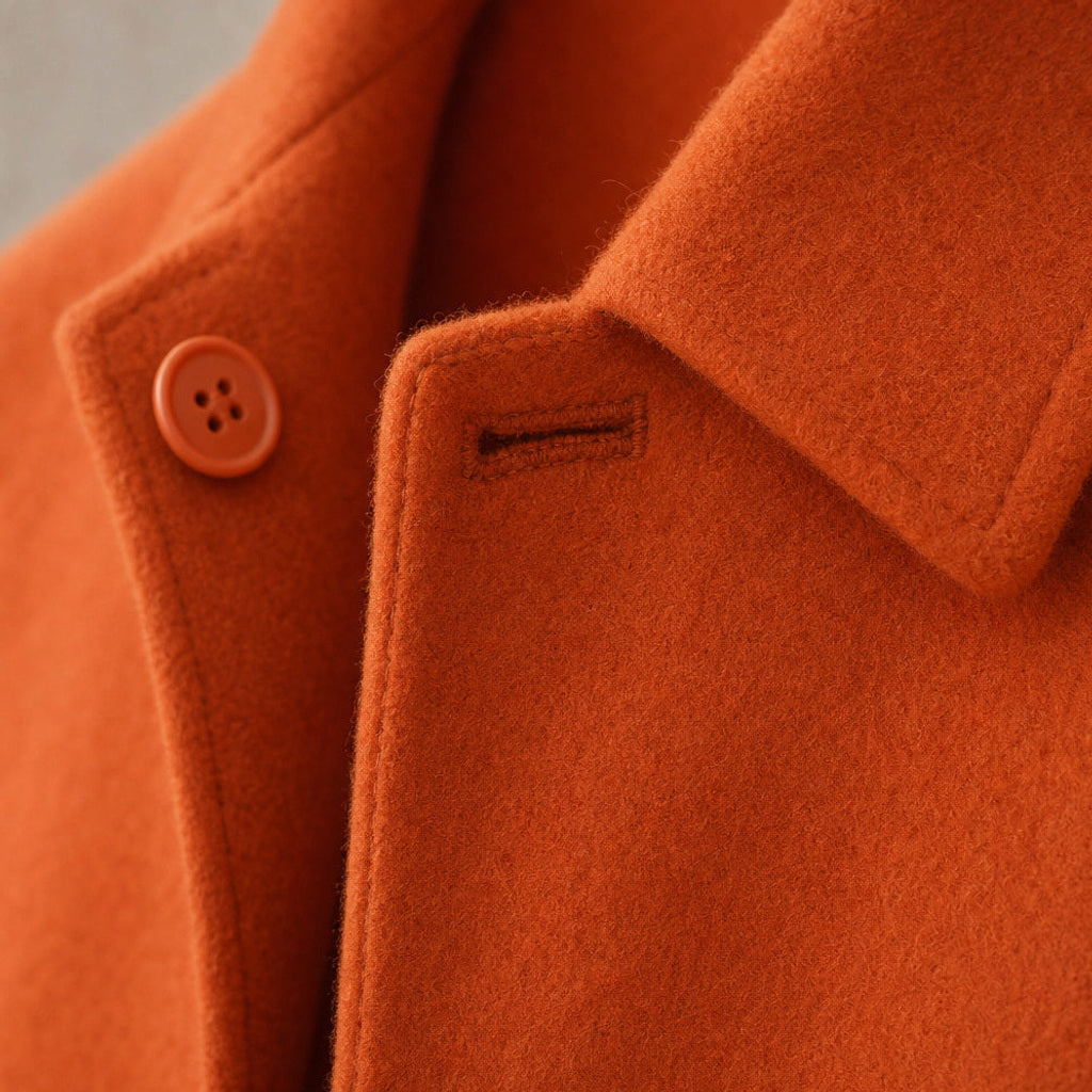 Folkbert | Kurzmantel Wolle Einreiher Orange – Stoff- und Detailaufnahme