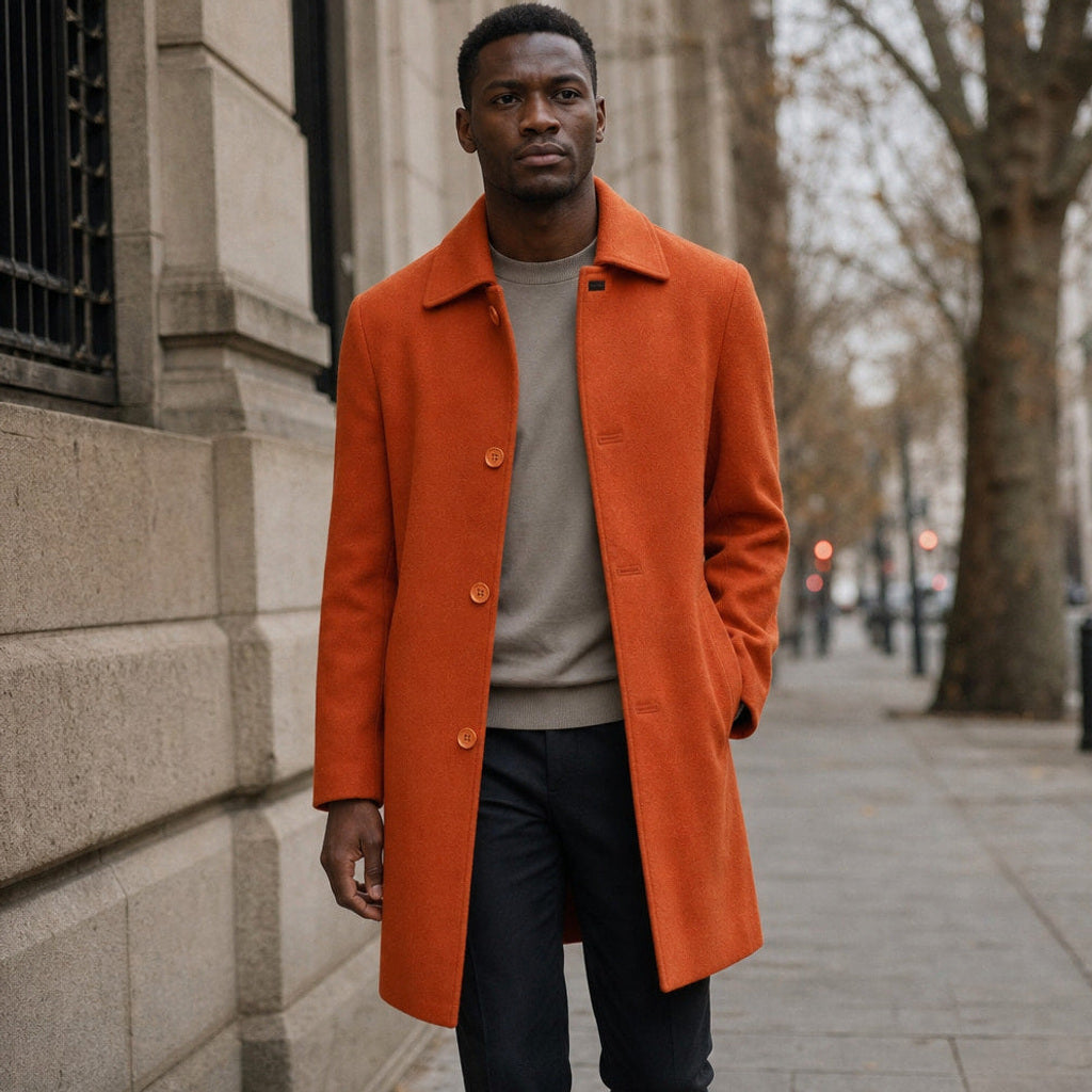 Folkbert | Kurzmantel Wolle Einreiher Orange – Gestyltes Editorial-Foto