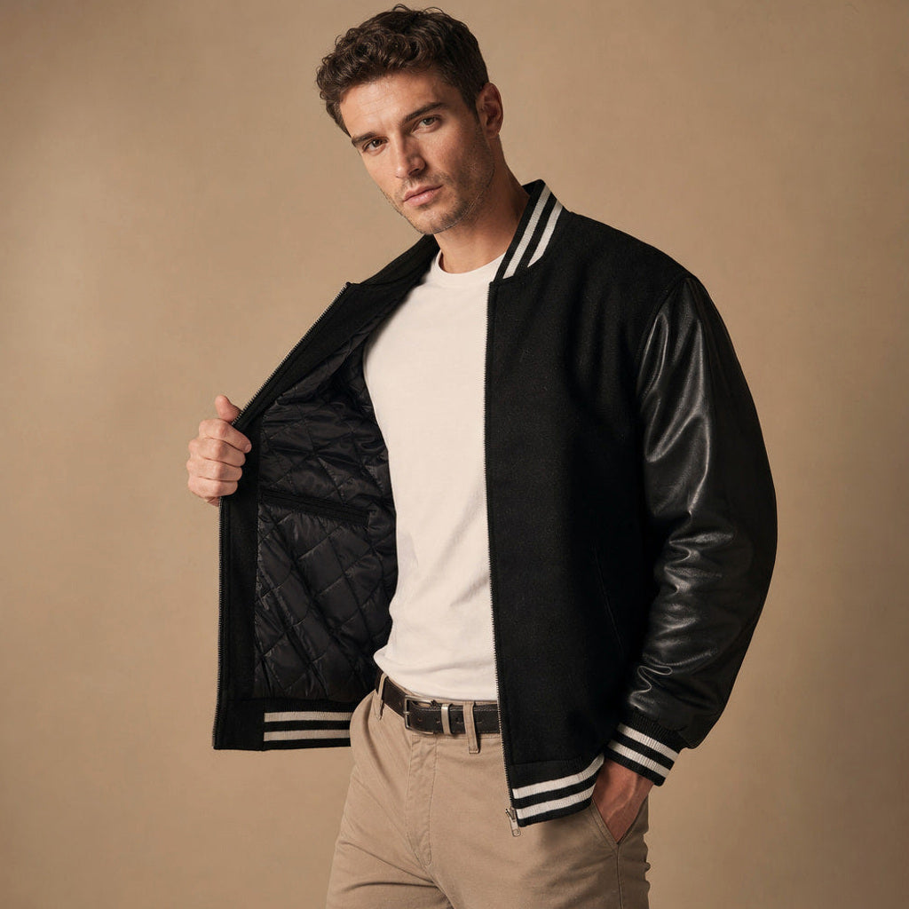 Folkwin | Collegejacke Lederärmel Schwarz Schwarz – Seitenansicht