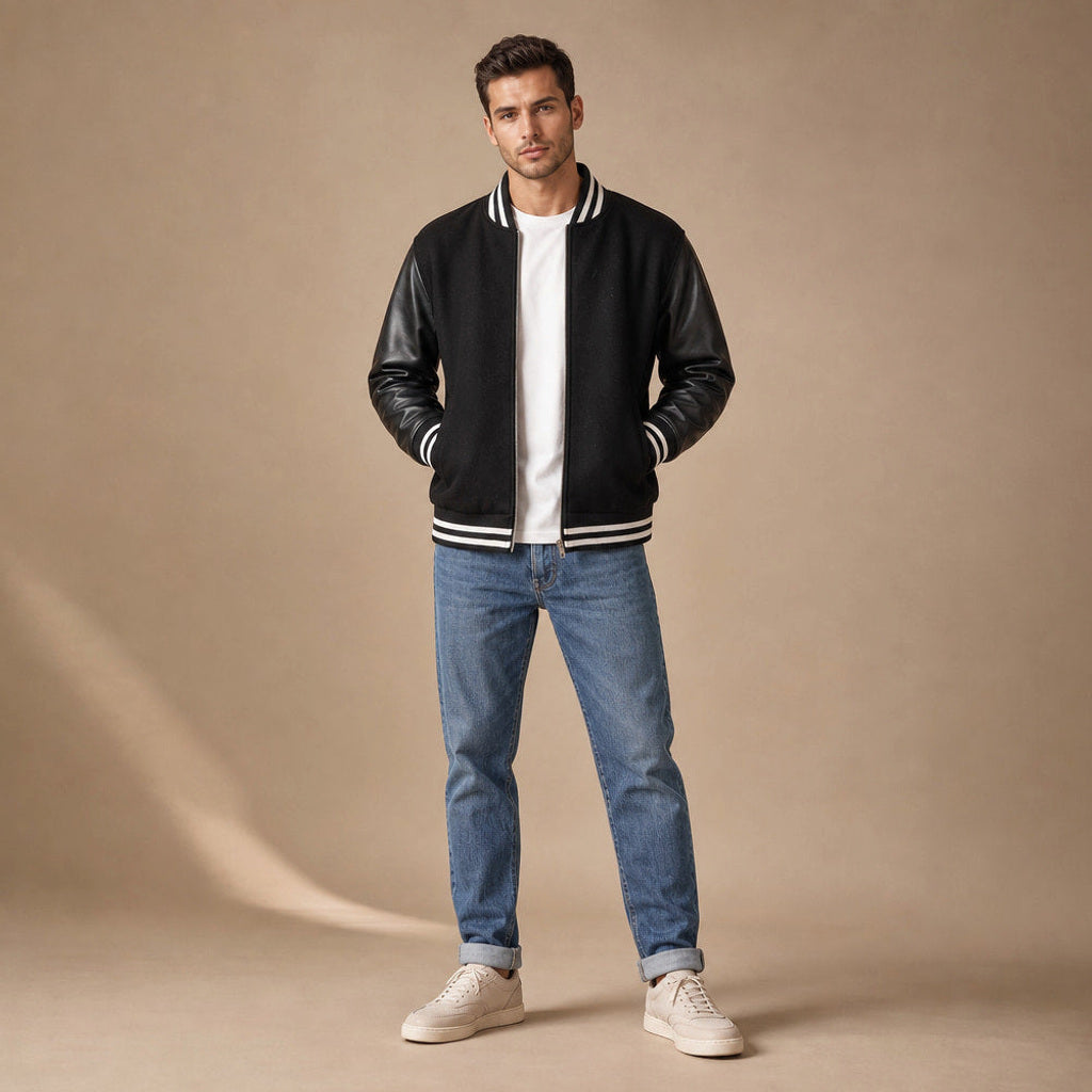 Folkwin | Collegejacke Lederärmel Schwarz Schwarz – Gesamtlook