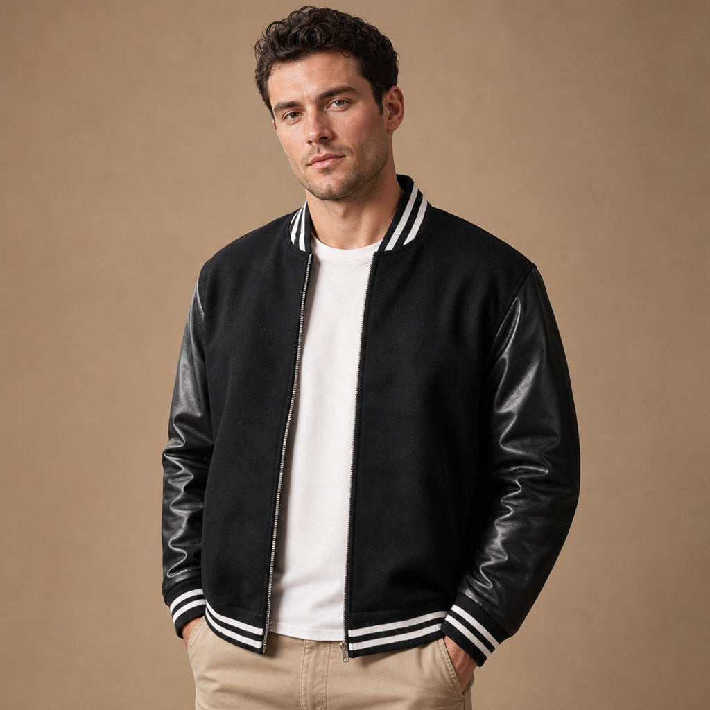 Folkwin | Collegejacke Lederärmel Schwarz Schwarz – Produktfoto