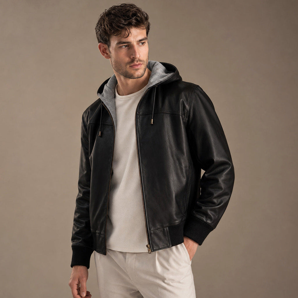 Fridolin | Lederjacke Bomber mit Kapuze Schwarz – Seitenansicht