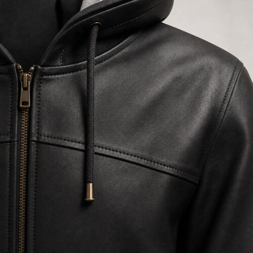 Fridolin | Lederjacke Bomber mit Kapuze Schwarz – Stoff- und Detailaufnahme