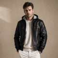 Fridolin | Lederjacke Bomber mit Kapuze Schwarz – Produktfoto