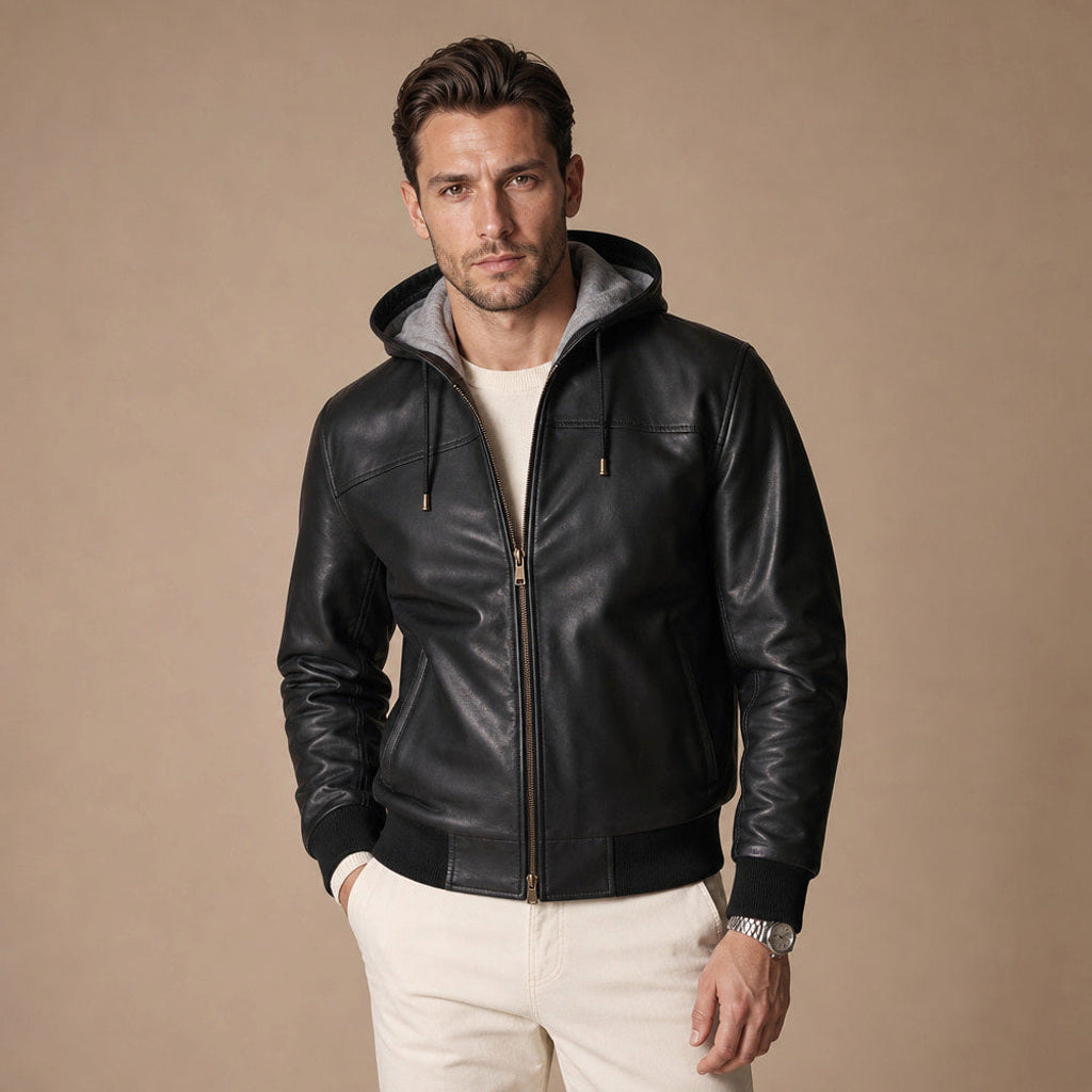 Fridolin | Lederjacke Bomber mit Kapuze in Schwarz – Premium Editorial