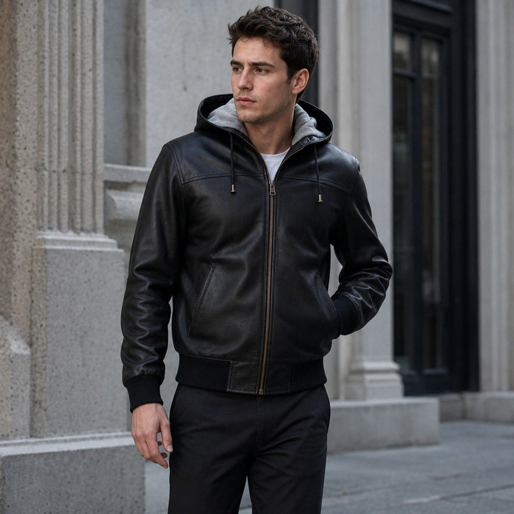 Fridolin | Lederjacke Bomber mit Kapuze Schwarz – Gestyltes Editorial-Foto