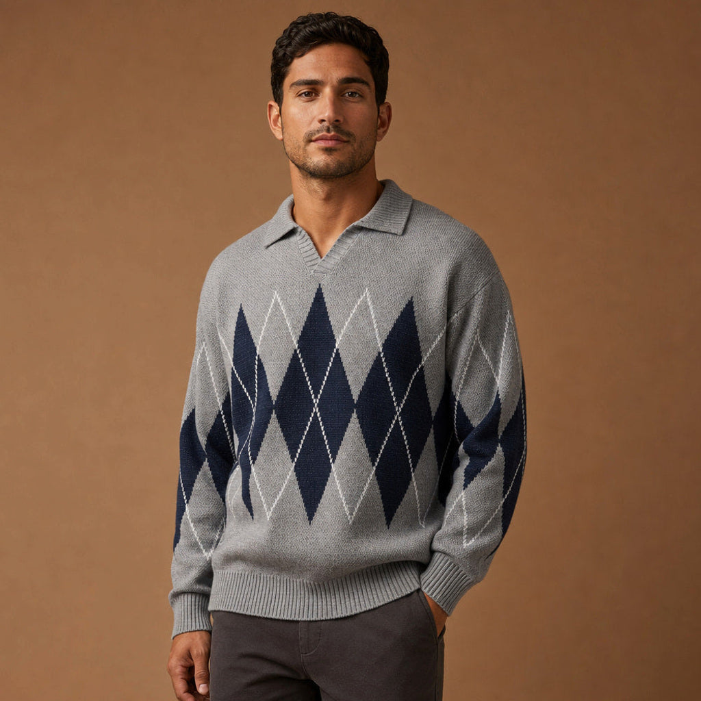 Friedbert | Strickpullover Argyle Hemdkragen Grau – Seitenansicht