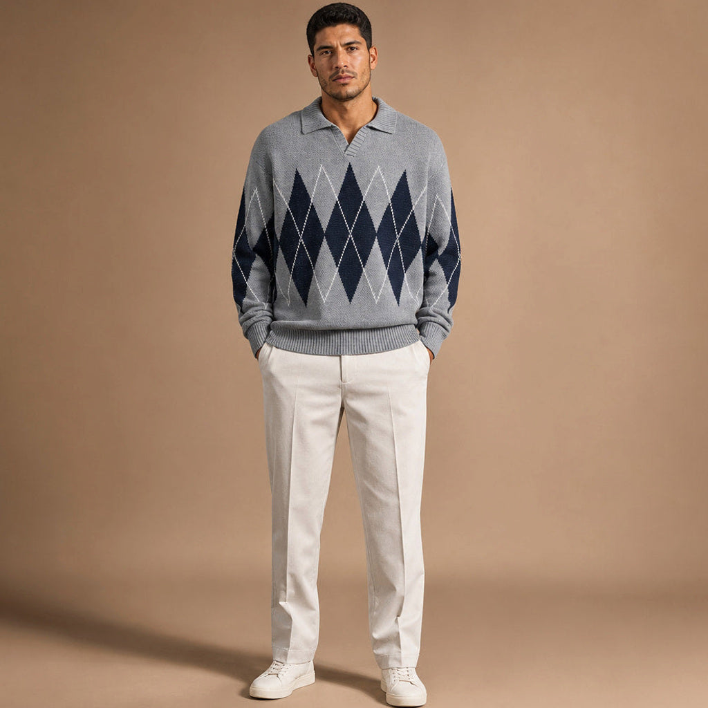 Friedbert | Strickpullover Argyle Hemdkragen Grau – Gesamtlook