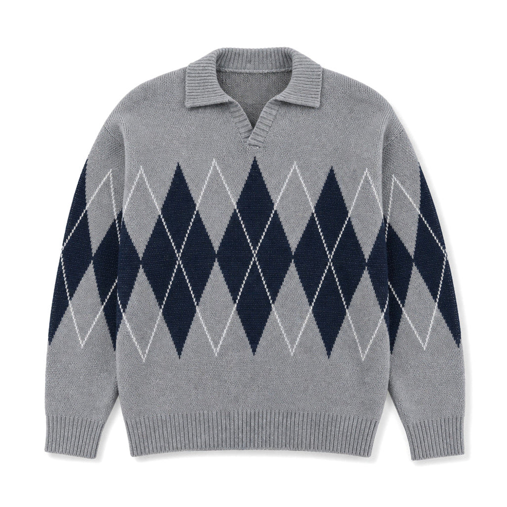 Friedbert | Strickpullover Argyle Hemdkragen Grau – Produktfoto
