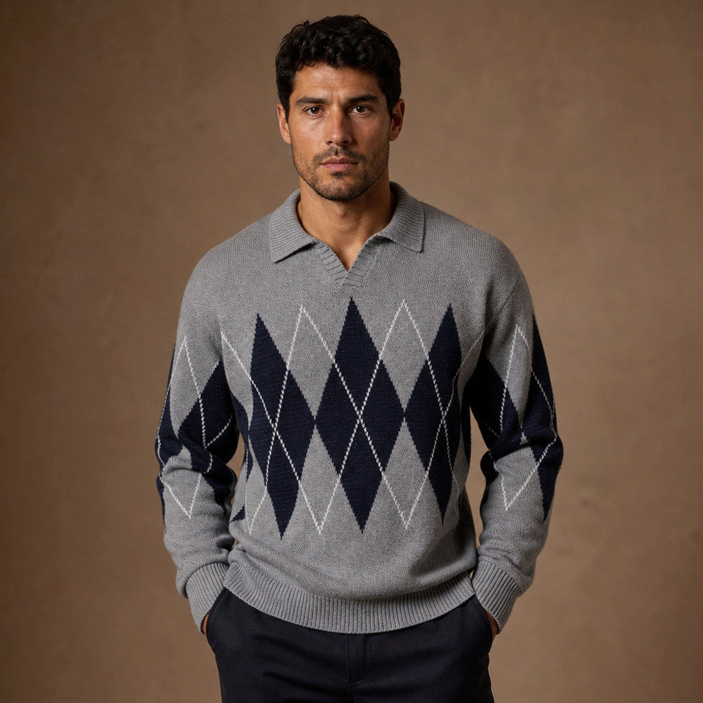 Friedbert | Strickpullover Argyle Hemdkragen in Grau – Premium Editorial