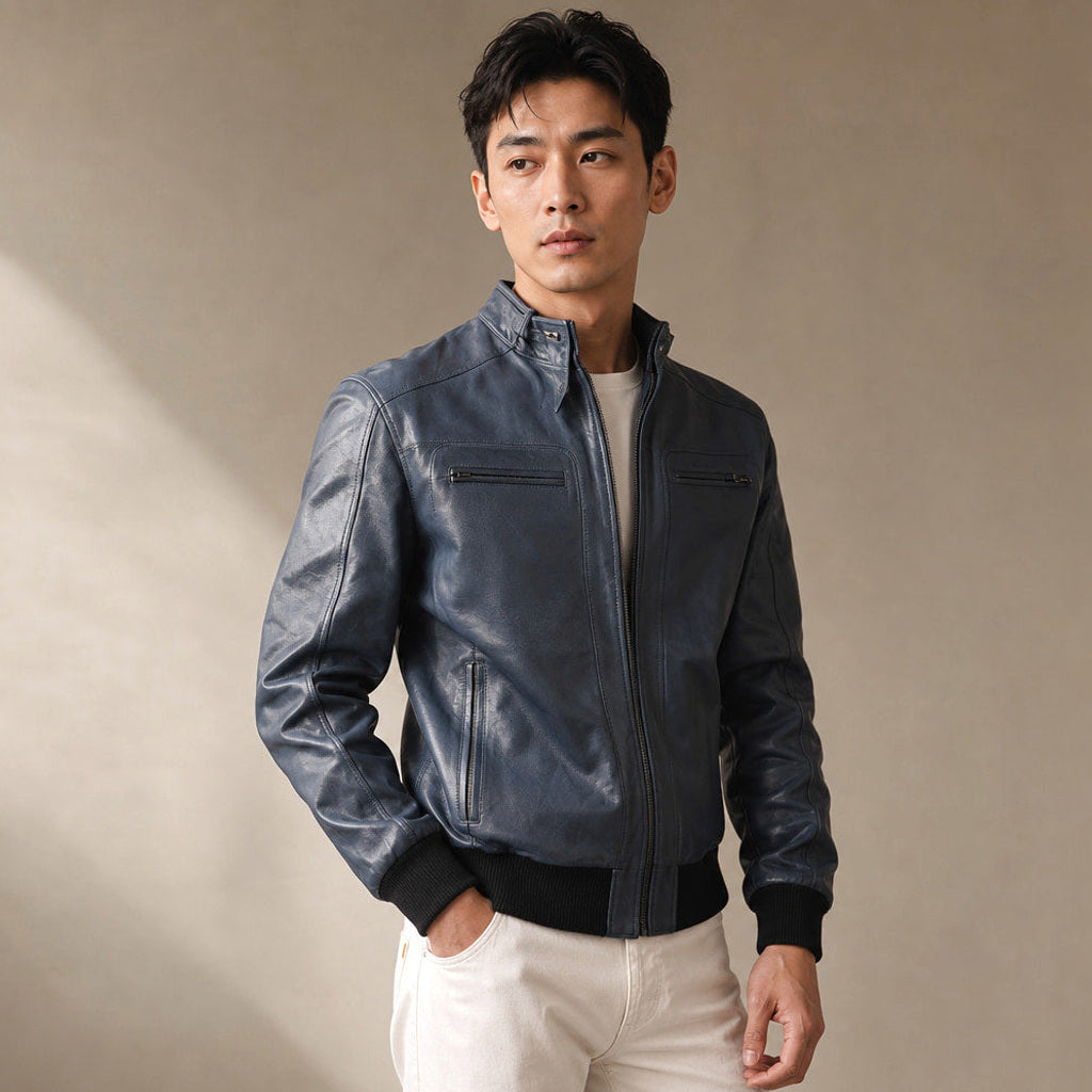 Friedemann | Lederjacke Bomber Blau Blau – Seitenansicht