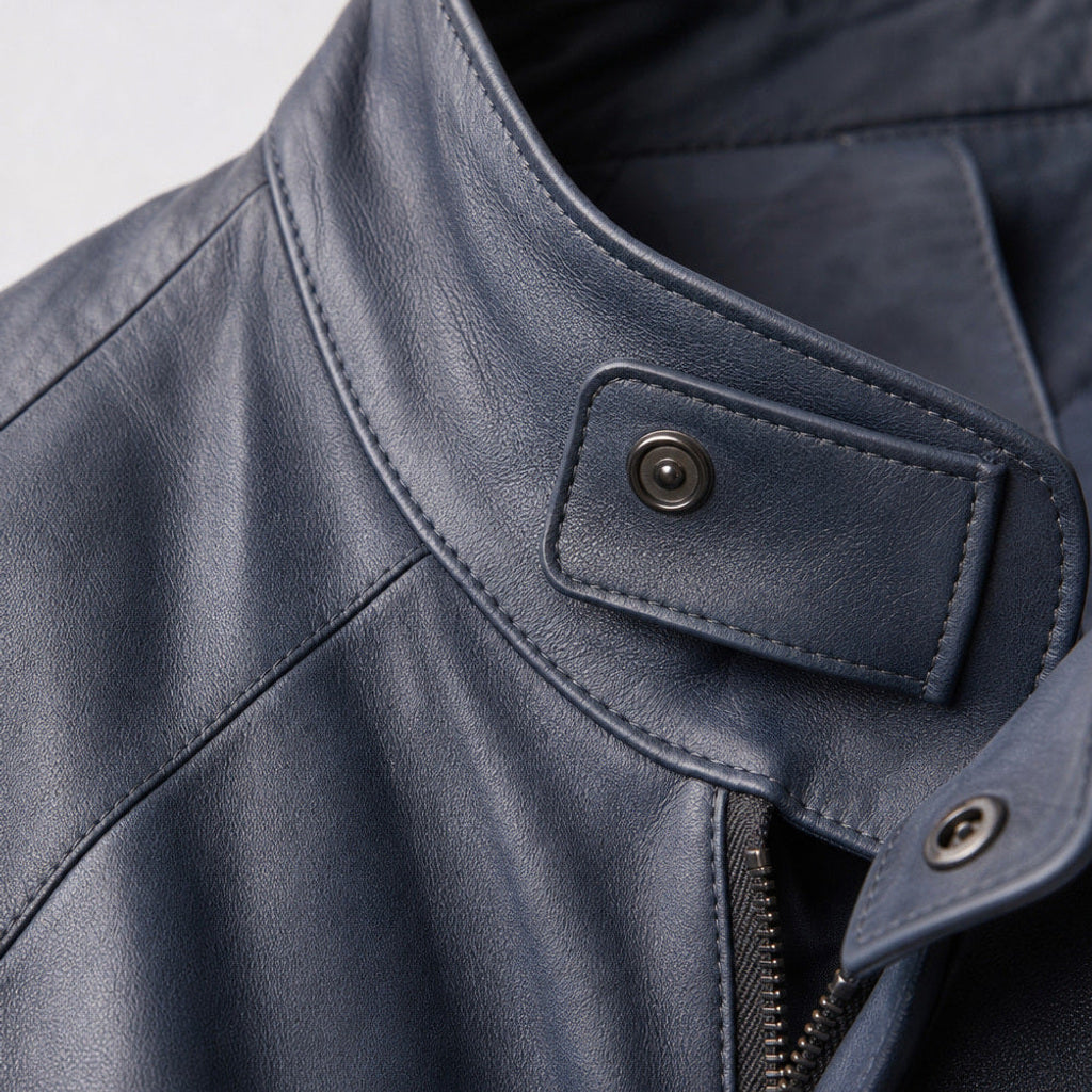Friedemann | Lederjacke Bomber Blau Blau – Stoff- und Detailaufnahme