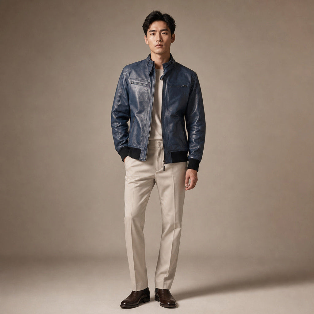 Friedemann | Lederjacke Bomber Blau Blau – Gesamtlook