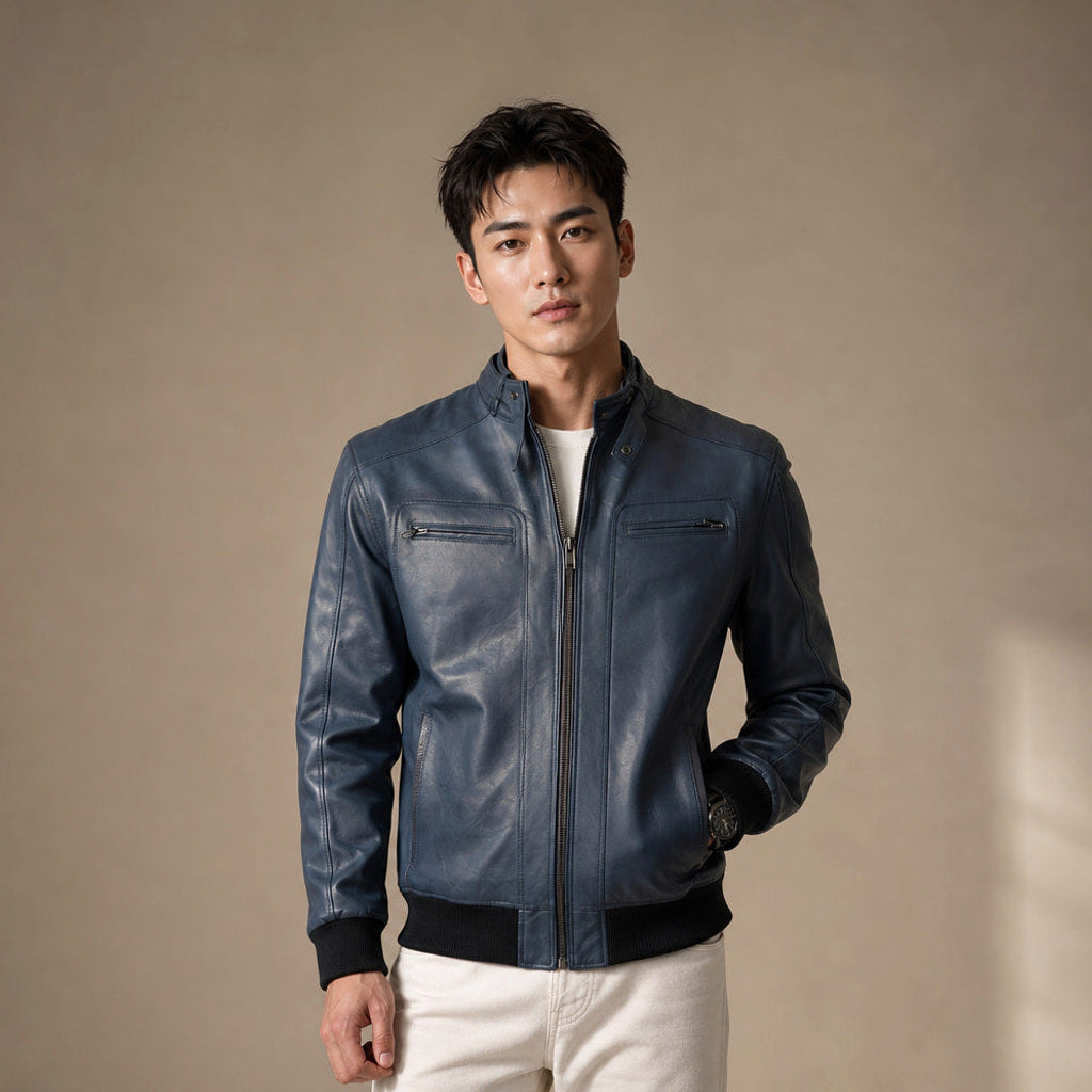 Friedemann | Lederjacke Bomber Blau in Blau – Premium Editorial