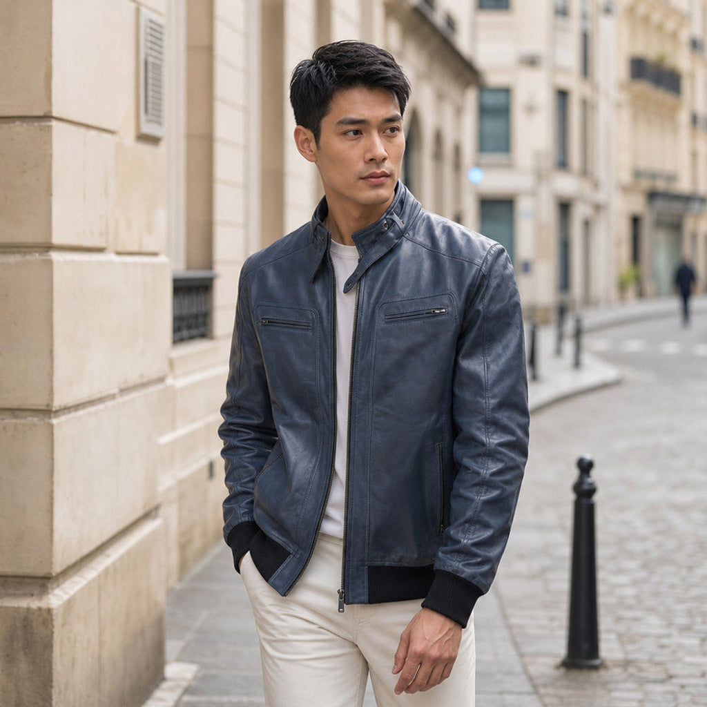 Friedemann | Lederjacke Bomber Blau Blau – Gestyltes Editorial-Foto